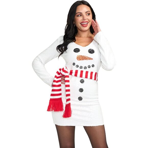 Women Christmas Snowman Scoop Neck Sequin Dress Festive Holiday Party Outfit - Picture 3 of 3
